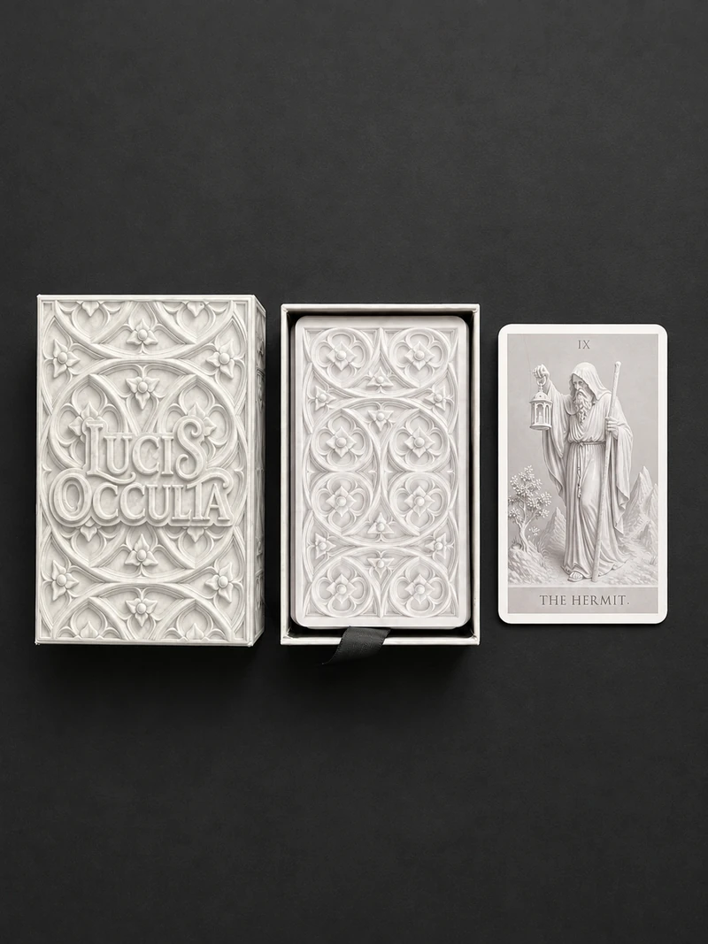 Lucis Occulta closed box, open box containing the deck and The Hermit card on dark fabric